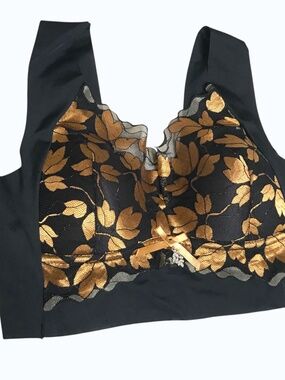 New Black & Gold Lace Bralette Crop Top Floral Sheer Mesh Stretch Lounge Bra L